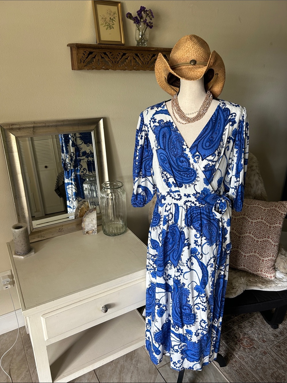 White closet elements white blue boho cottage paisley wrap Midi dress L
